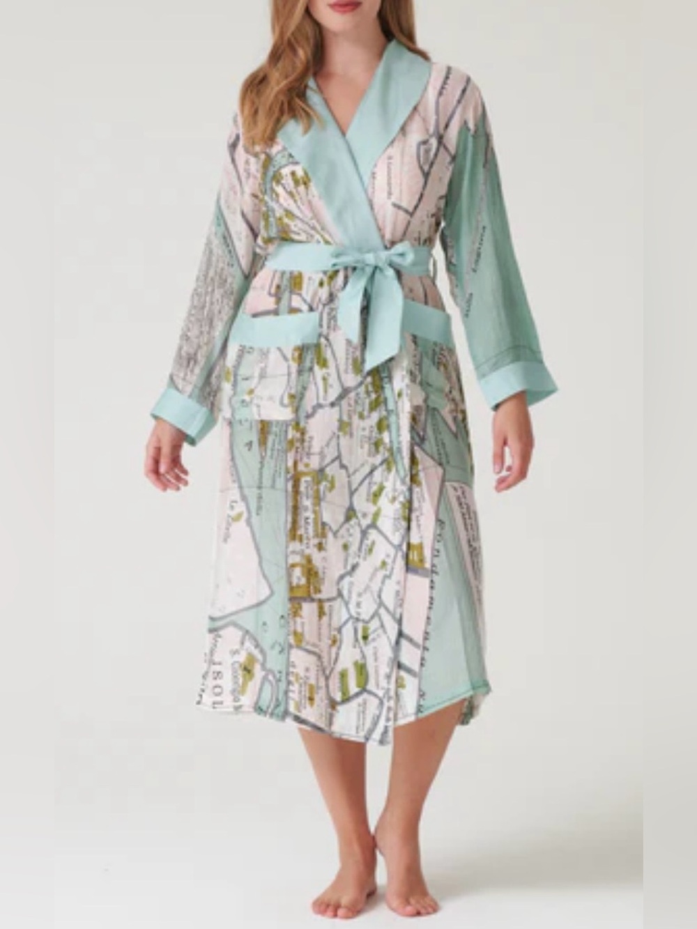 One Hundred Stars Venice Map Dressing Gown is a lightweight, silky piece.